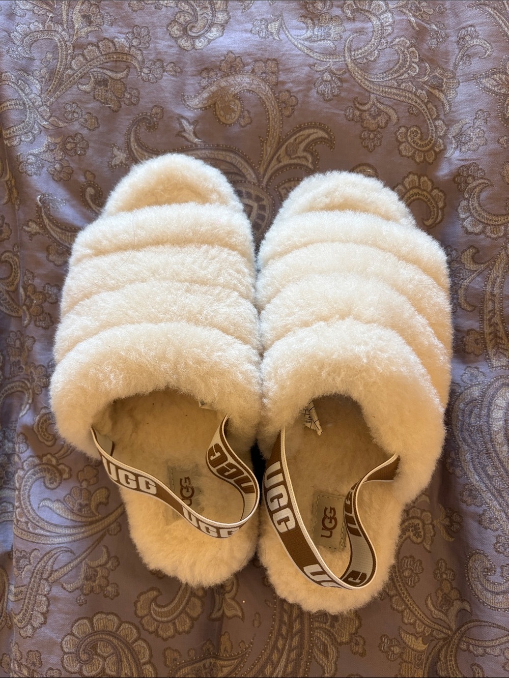 UGG Cream Shearling Fluffy Slide Slippers with Branded Heel Strap - NEVER WORN